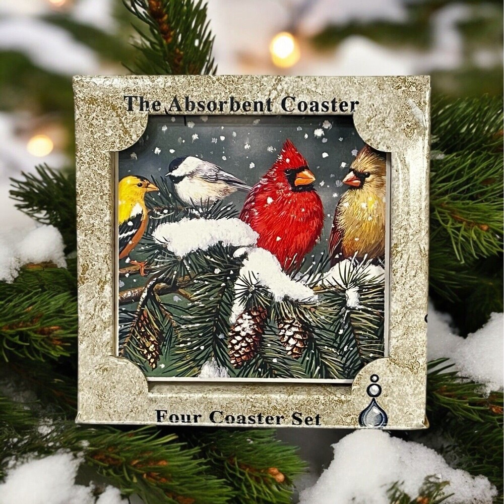 NIB AbsorbaStone Set 4 Tile Coasters Yellow, White & Red Cardinals Holiday USA